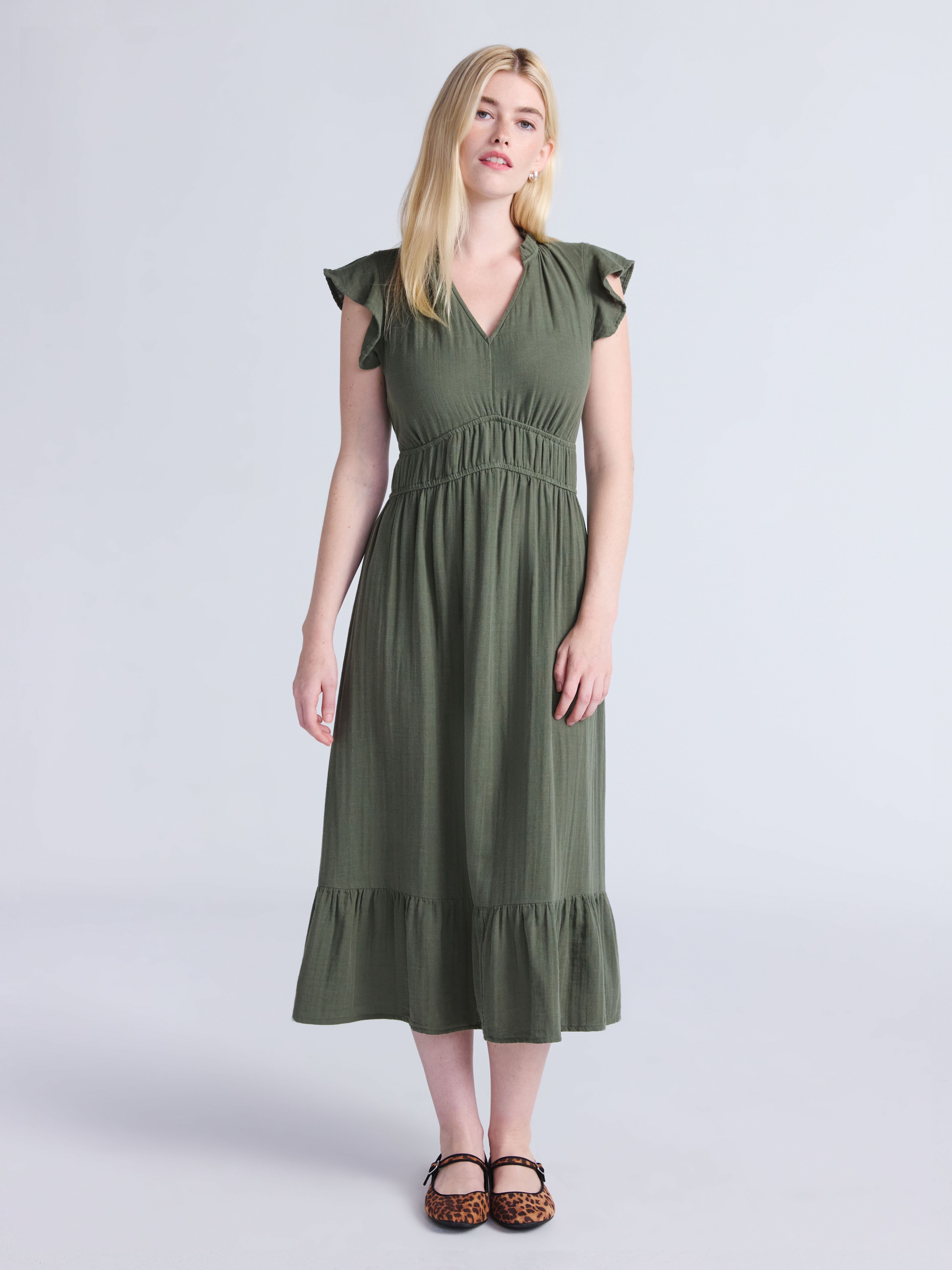 Time and Tru Women's Double Cloth Cotton Midi Dress with Flutter Sleeves, Sizes XS-XXXL
