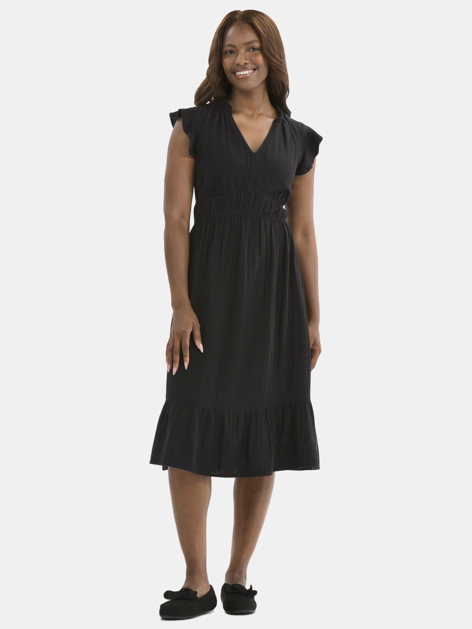 Women's Double Cloth Cotton Midi Dress with Flutter Sleeves, Sizes XS-XXXL