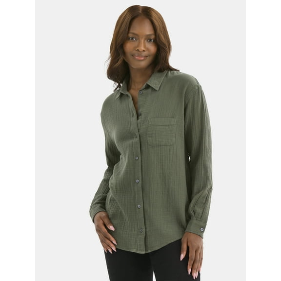 Time and Tru Women's Double Cloth Cotton Shirt with Long Sleeves, Sizes XS-XXXL