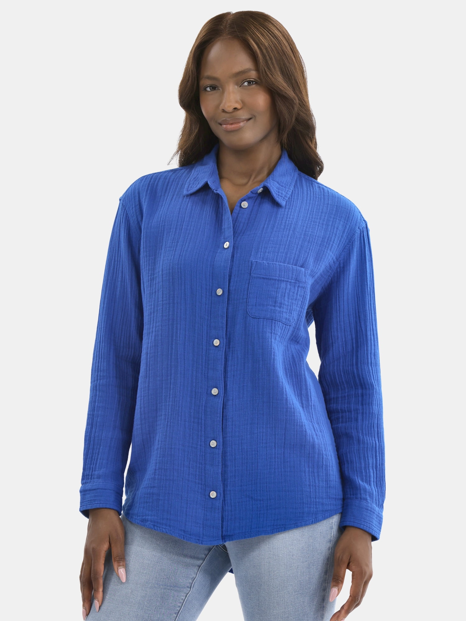 Time and Tru Women's Double Cloth Cotton Shirt with Long Sleeves, Sizes XS-XXXL