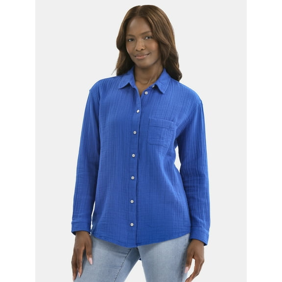 Time and Tru Women's Double Cloth Cotton Shirt with Long Sleeves, Sizes XS-XXXL