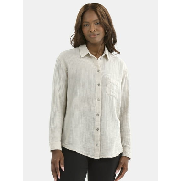 Time and Tru Women's Double Cloth Cotton Shirt with Long Sleeves, Sizes XS-XXXL