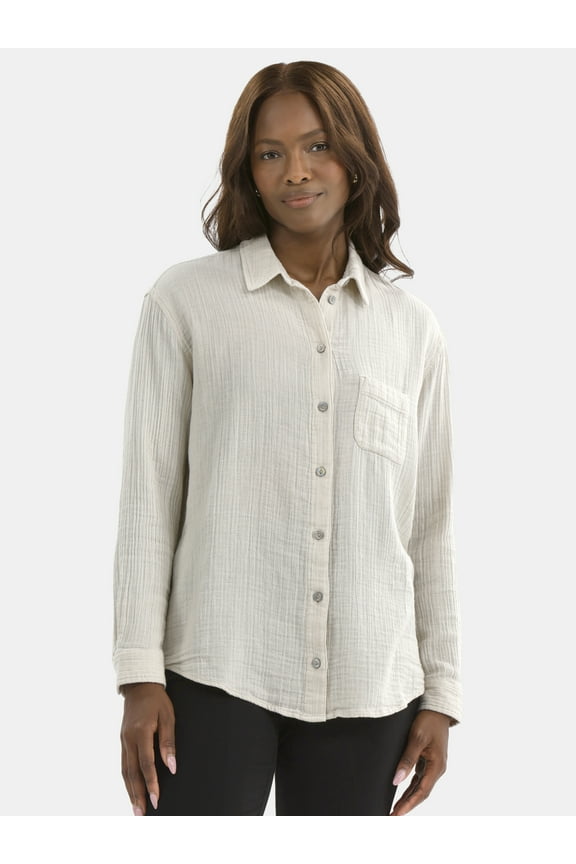 Women's Double Cloth Cotton Shirt with Long Sleeves, Sizes XS-XXXL