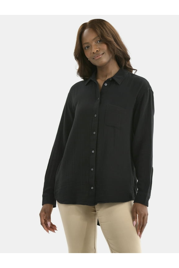 Women's Double Cloth Cotton Shirt with Long Sleeves, Sizes XS-XXXL