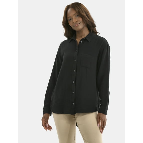 Time and Tru Women's Double Cloth Cotton Shirt with Long Sleeves, Sizes XS-XXXL