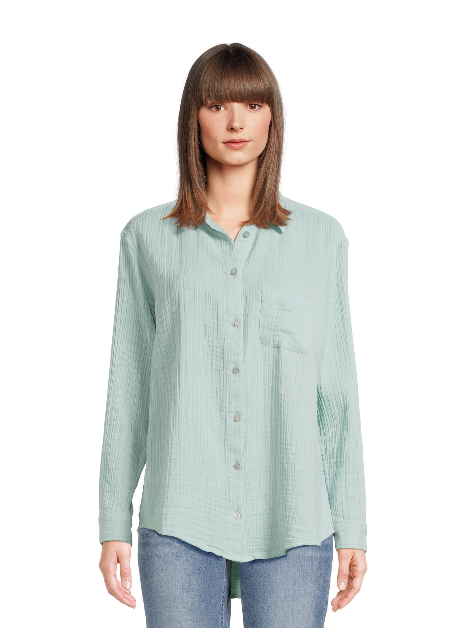 Time and Tru Women’s Double Cloth Shirt with Long Sleeves, Sizes XS ...