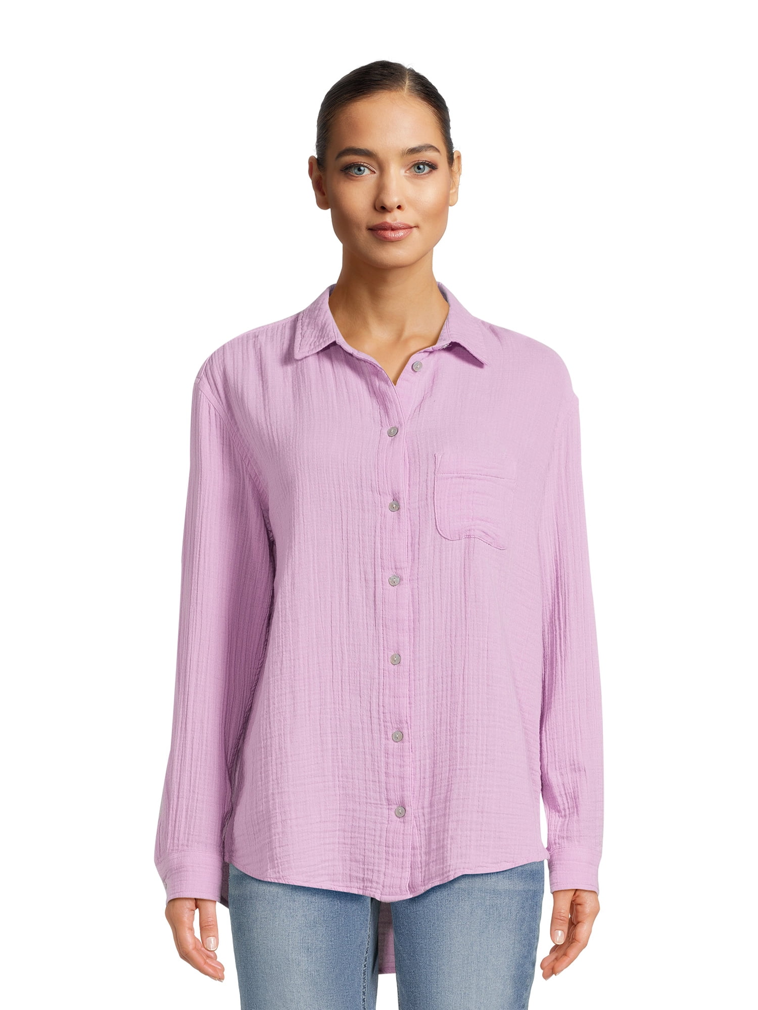 Time and Tru Women’s Double Cloth Shirt with Long Sleeves, Sizes XS ...