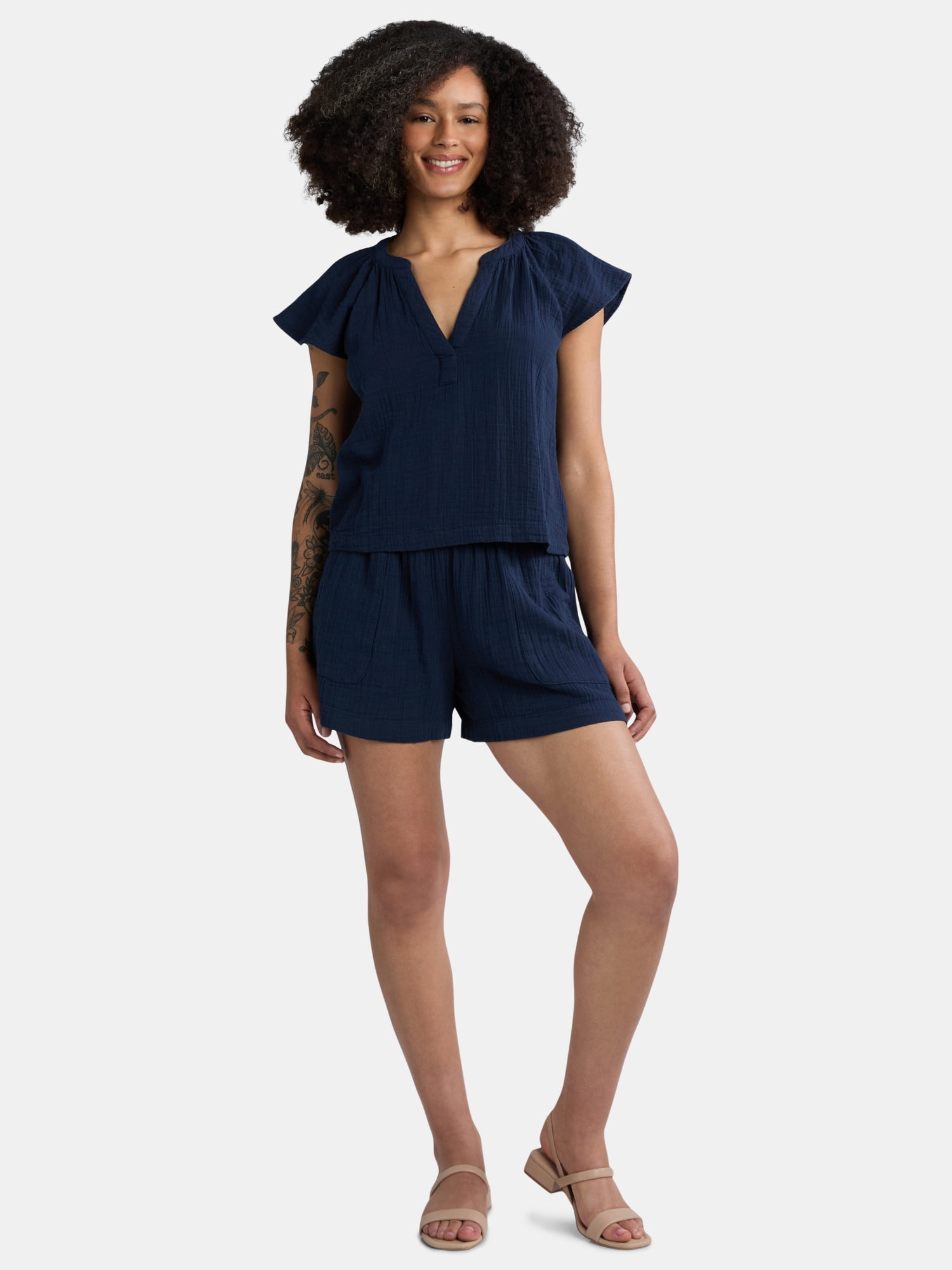 Time and Tru Women's Double Cloth Short Set, Sizes XS-XXXL