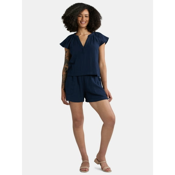 Time and Tru Women's Double Cloth Short Set, Sizes XS-XXXL