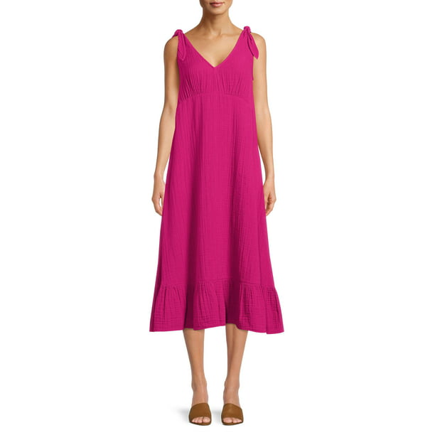 Time and Tru Women's Double Cloth Tie Shoulder Midi Dress - Walmart.com