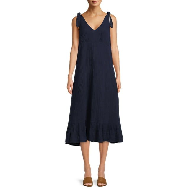 Time and Tru Women's Double Cloth Tie Shoulder Midi Dress - Walmart.com