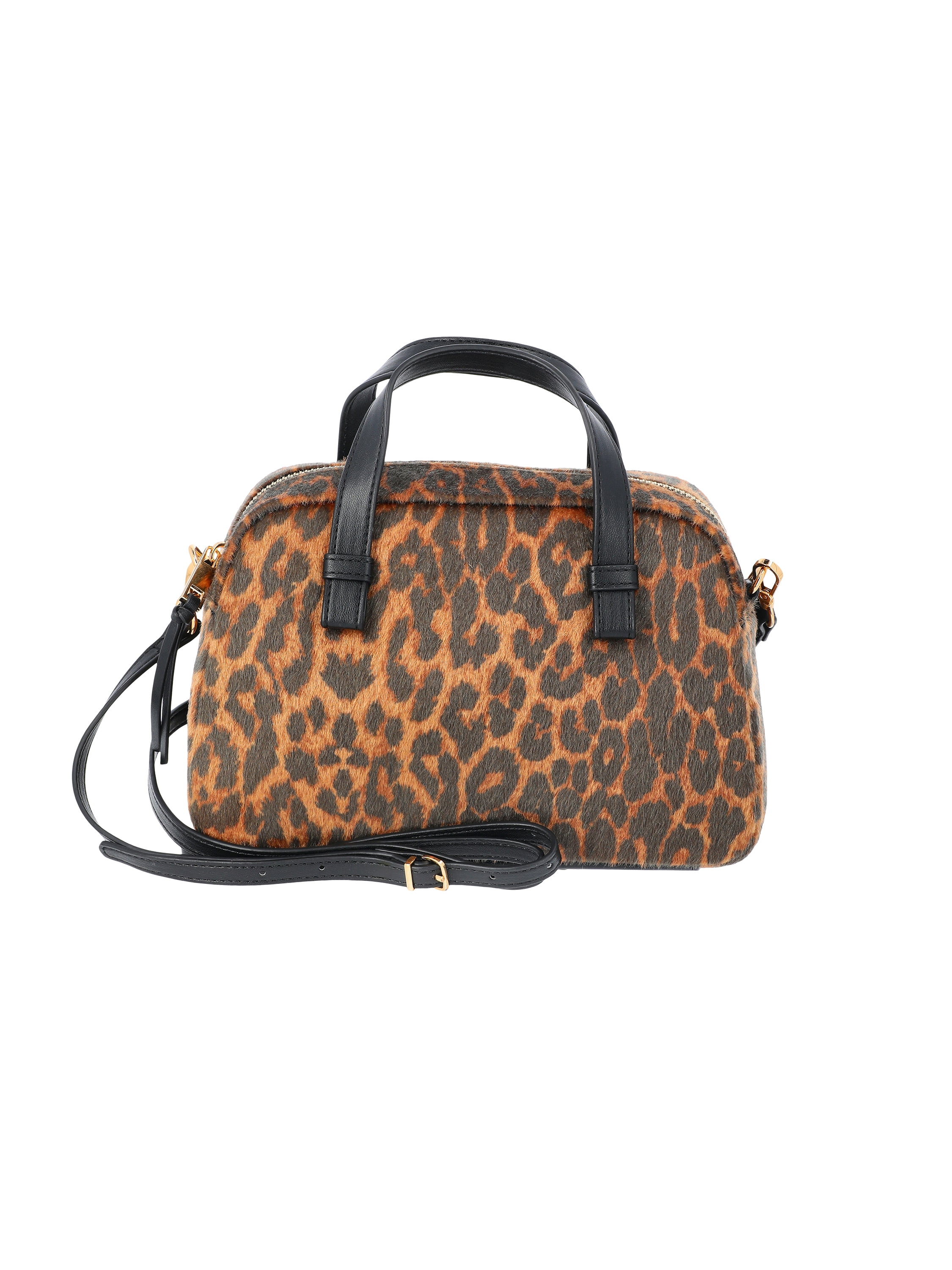 Time and Tru Women's Faux Fur Mini Satchel Bag with Crossbody Strap, Leopard
