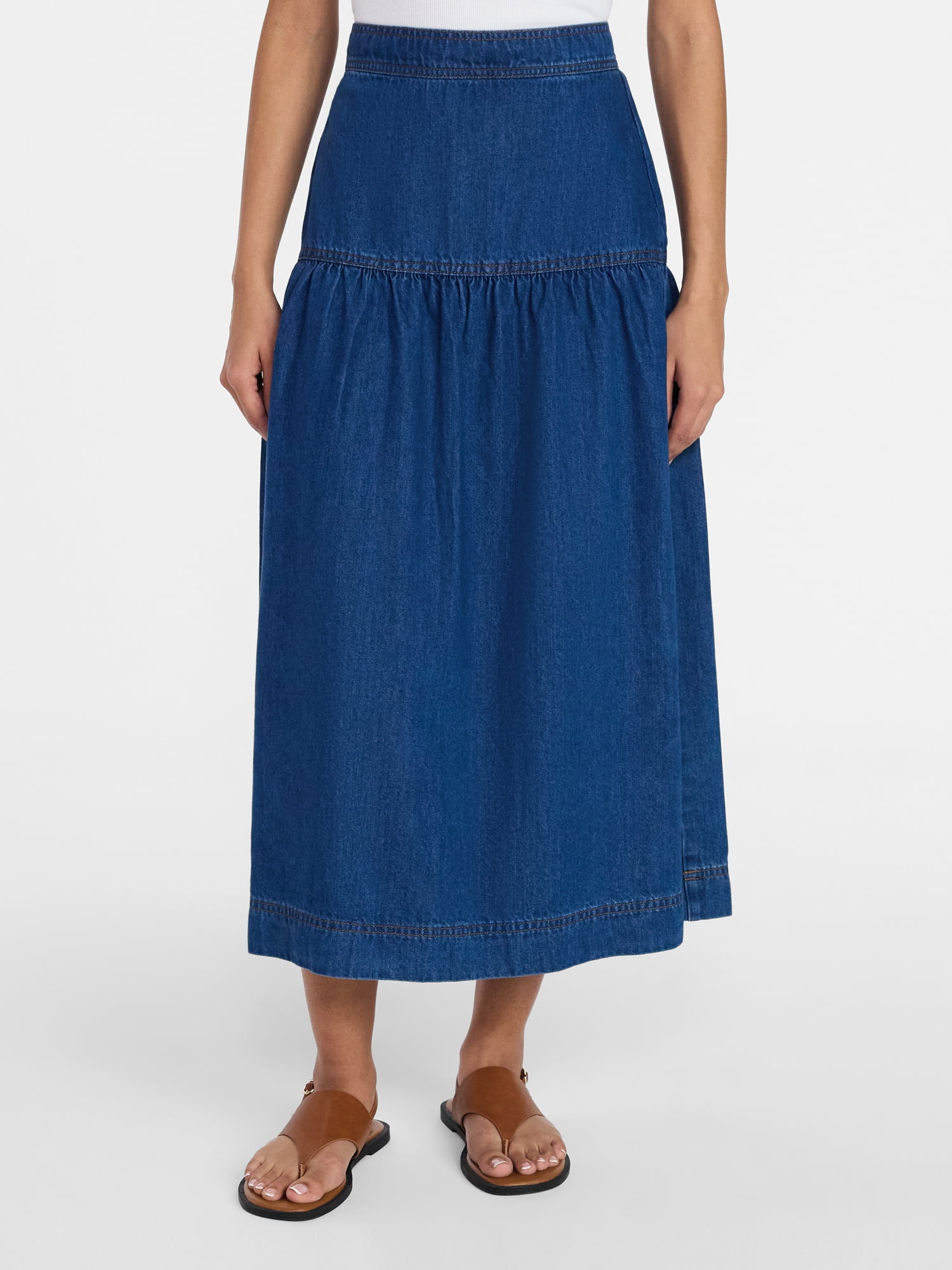 Time and Tru Women's Tiered Denim Midi Skirt, Sizes 0-20