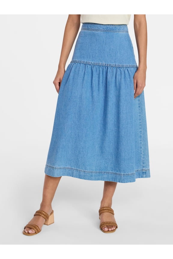 Women's Drapey Denim Midi Skirt, Sizes 0-20