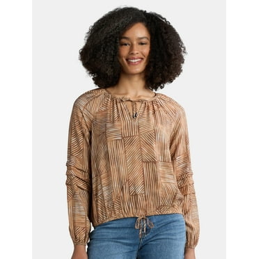 Time and Tru Women's Drawstring Hem Peasant Blouse with Long Sleeves, Sizes XS-XXXL