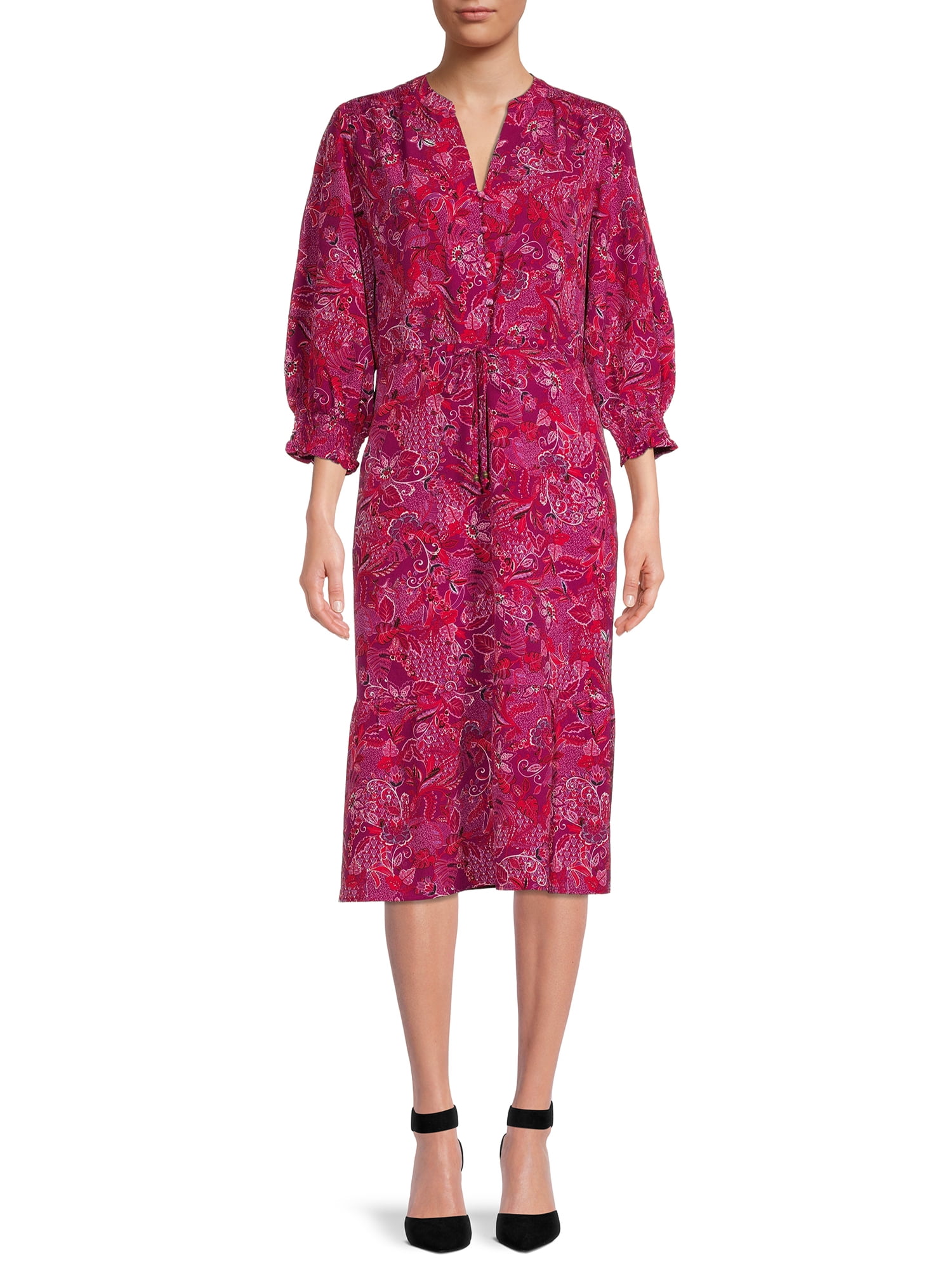 Time and Tru Women's Elbow Sleeve Midi Peasant Dress - Walmart.com