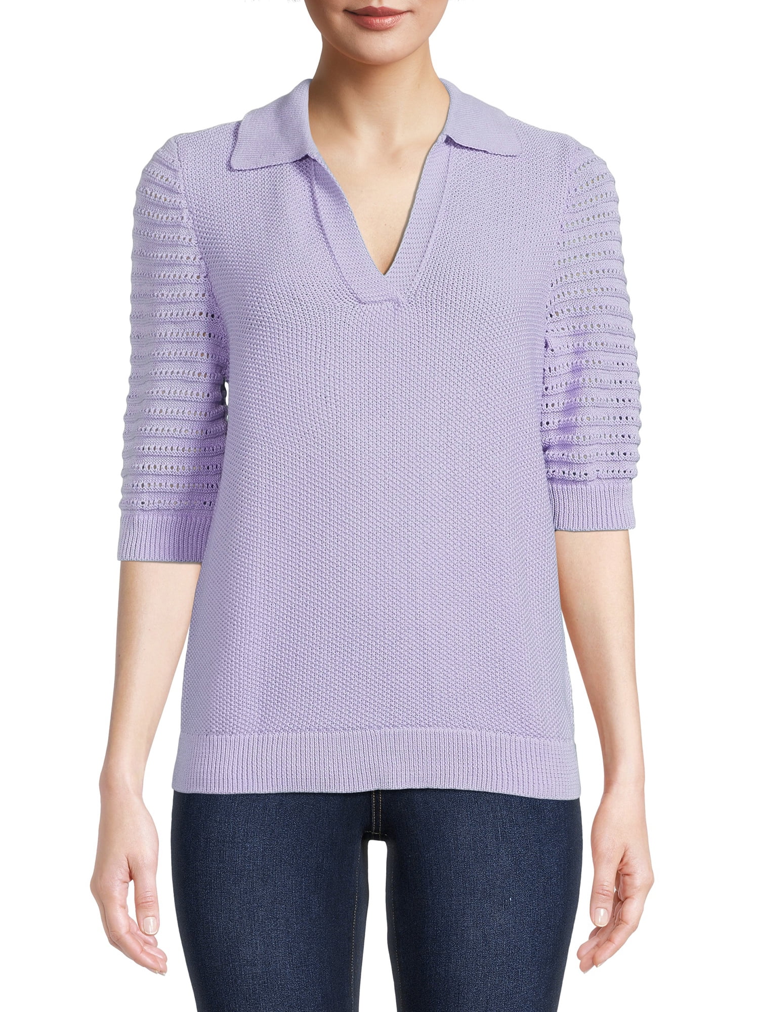 Time and Tru Women's Elbow Sleeve Polo Sweater, Midweight
