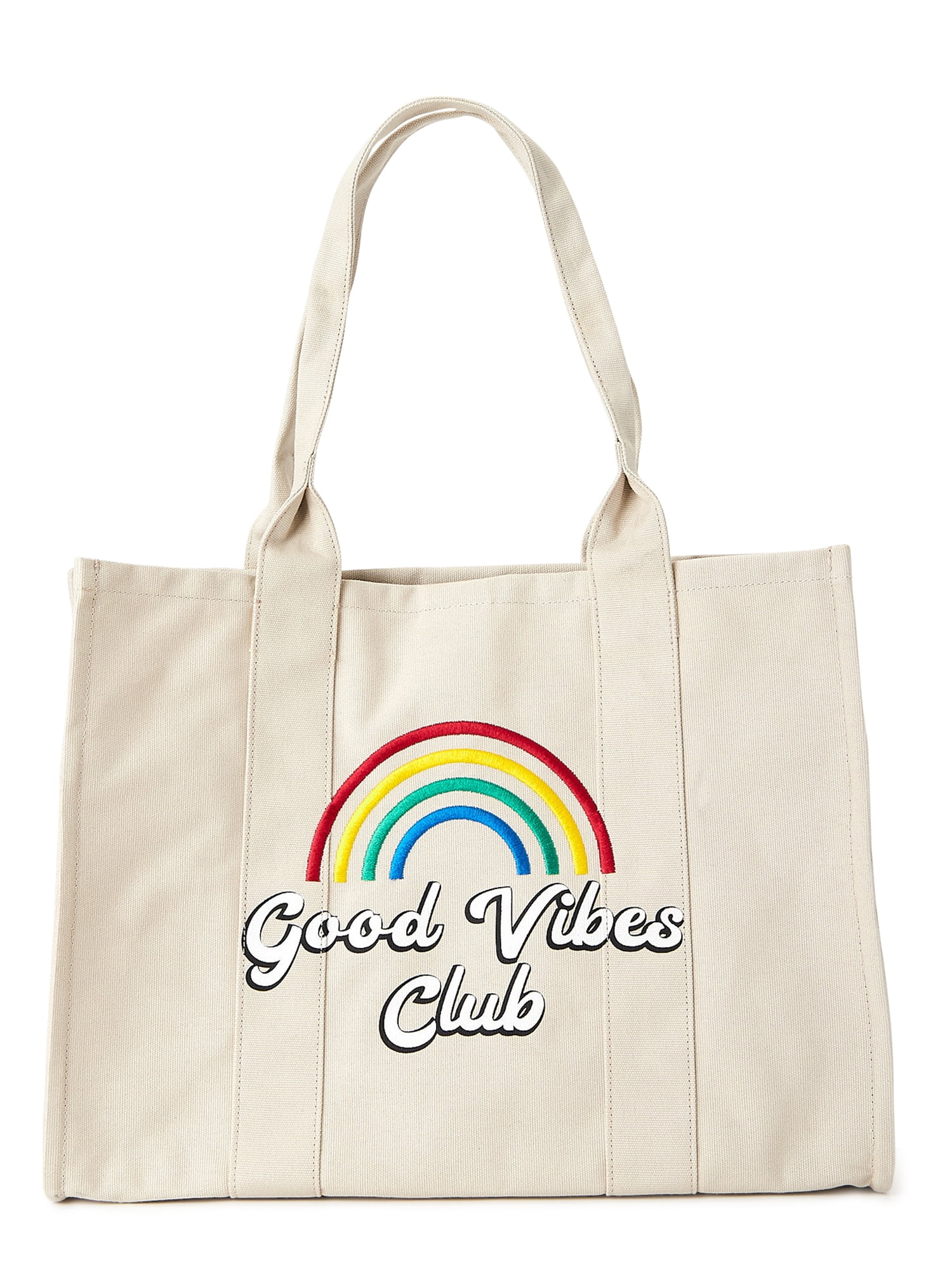 Time and Tru Women's Elevated Canvas Tote Bag Papyrus Beige Good Vibes Club