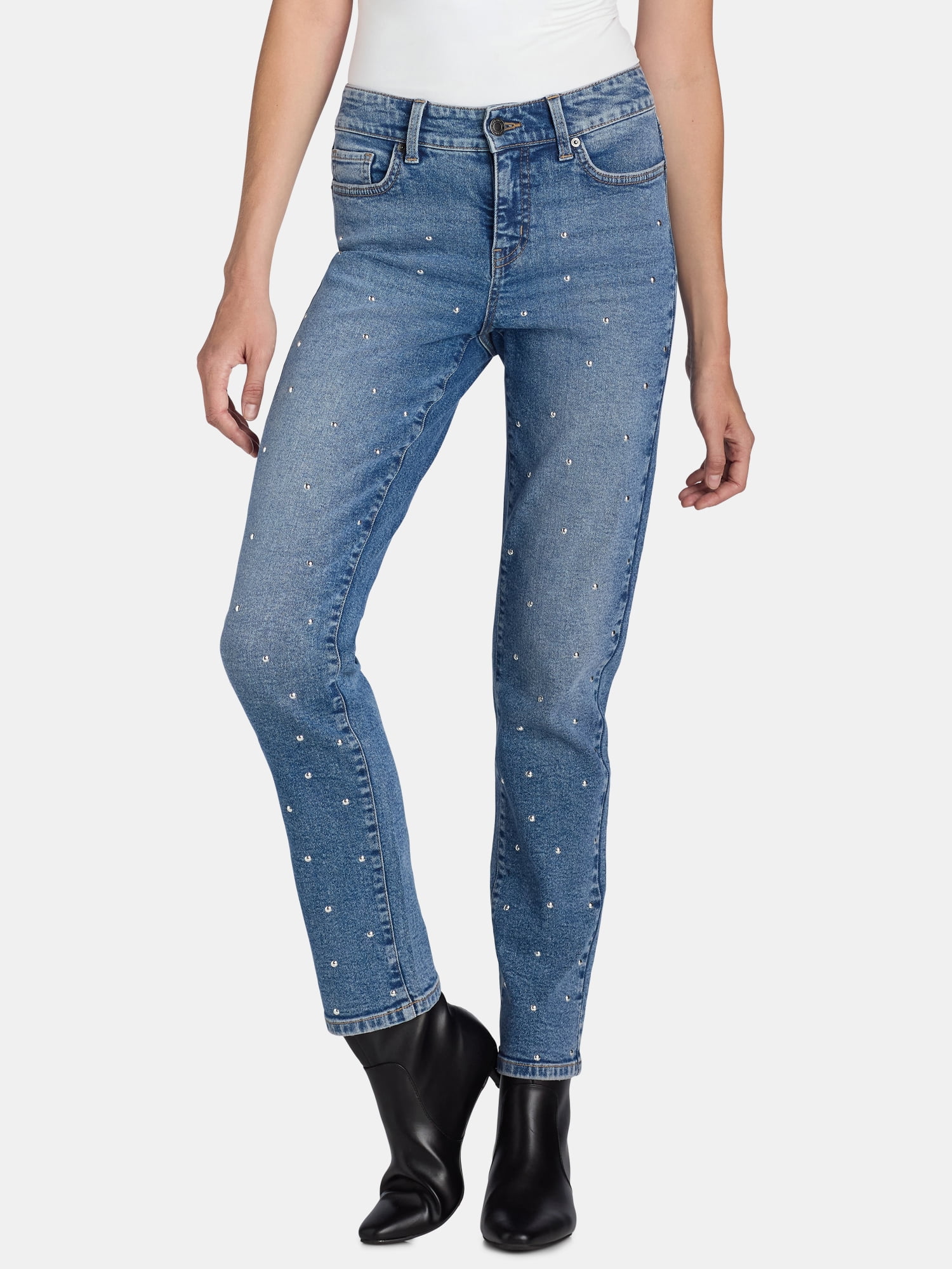 Time and Tru Women's All Over Front Studded Embellishment Straight Leg Jeans, 30” Inseam, Sizes 2-20