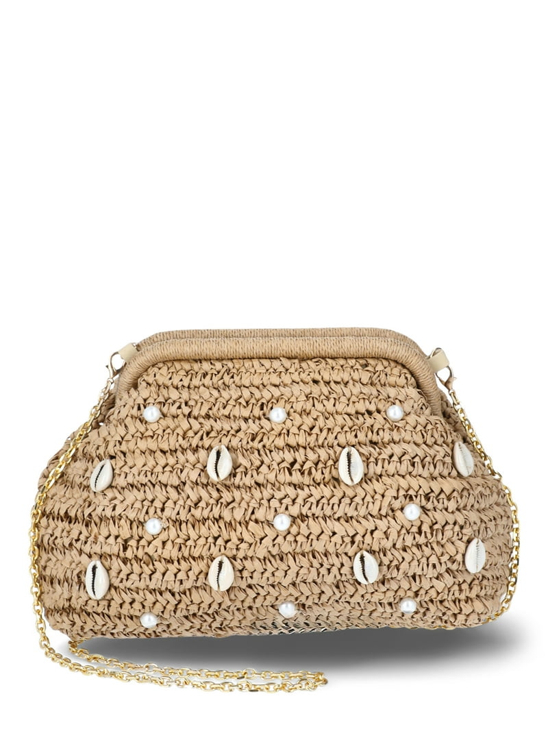Time and Tru Straw Embellished Clutch Handbag with Pearlescent