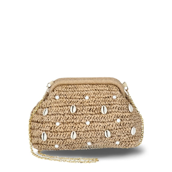 Time and Tru Women's Embellished Straw Frame Clutch Handbag, Natural