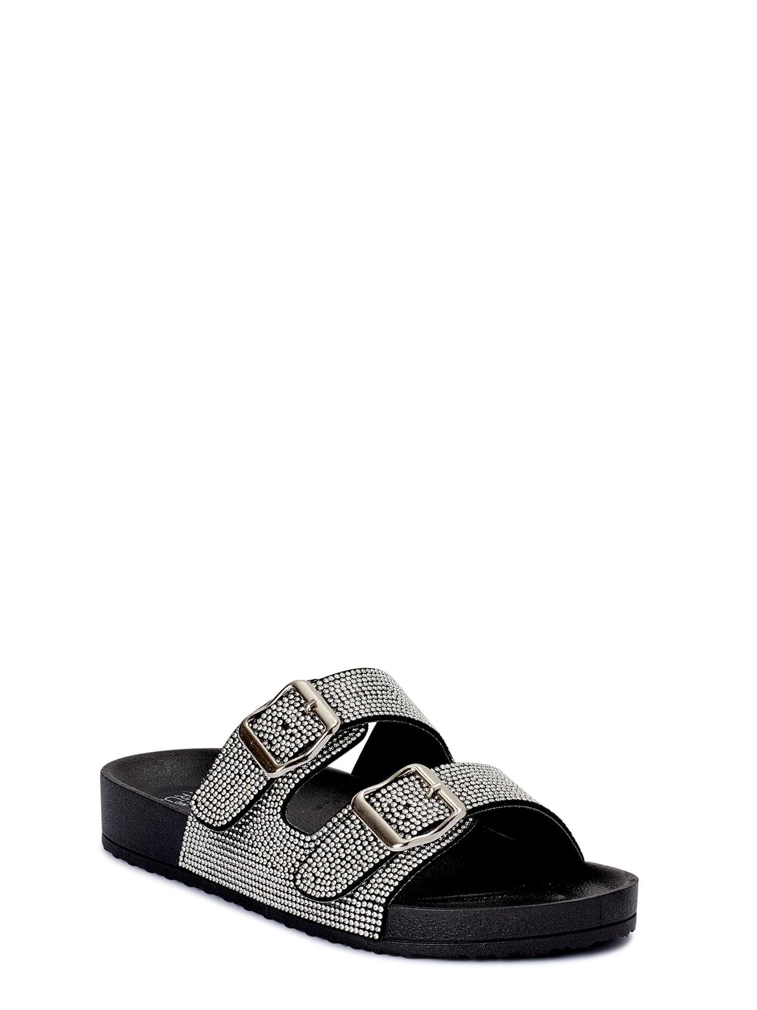 Time and Tru Women's Embellished Two Band Footbed Slide Sandals ...