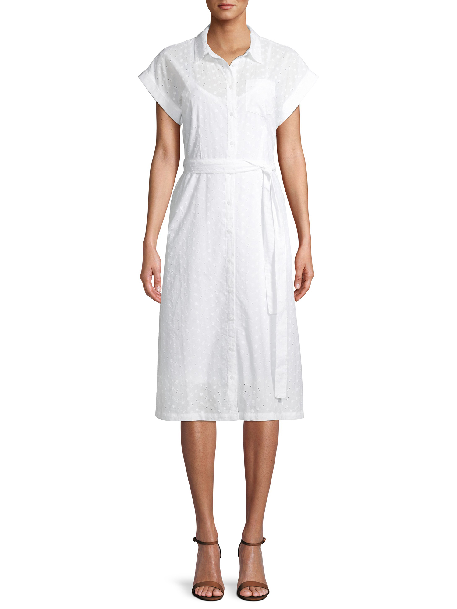 Time and Tru Women's Eyelet Belted Midi Shirt Dress - image 1 of 6