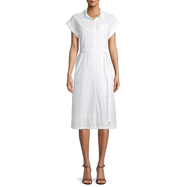 Time and Tru Women's Eyelet Belted Midi Shirt Dress
