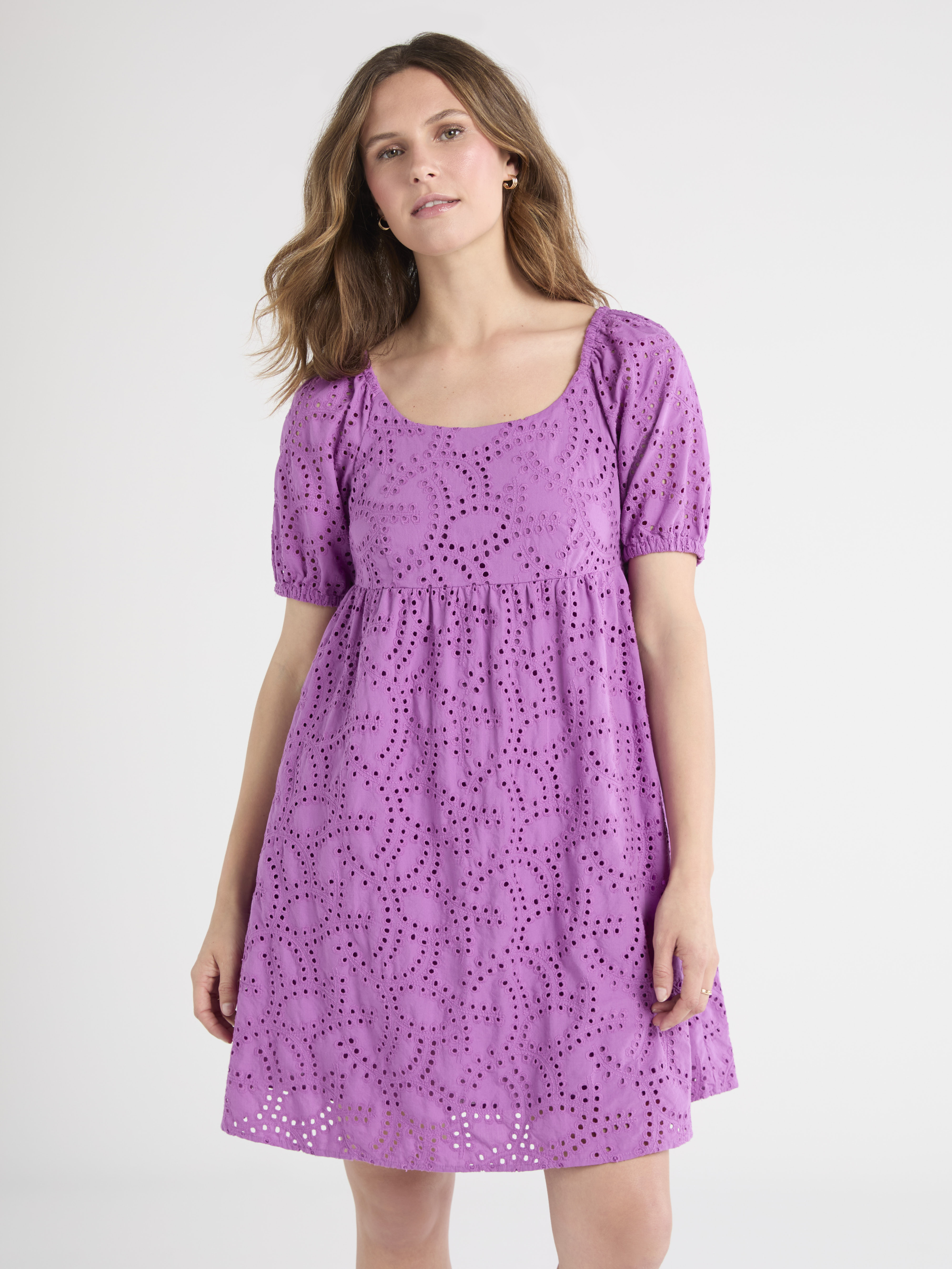 Time and Tru Women's Eyelet Dress with Puff Sleeves, Sizes XS-XXXL