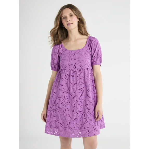 Time and Tru Women's Eyelet Dress with Puff Sleeves, Sizes XS-XXXL