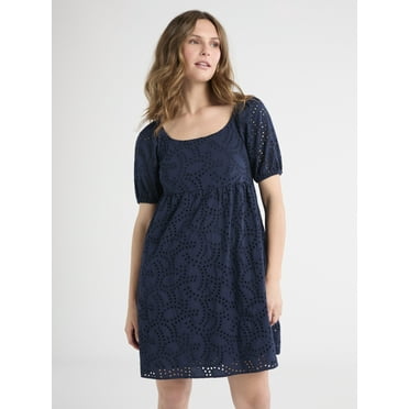 Time and Tru Women's Eyelet Dress with Puff Sleeves, Sizes XS-XXXL