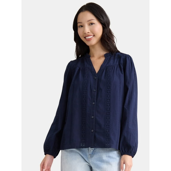 Time and Tru Women's Eyelet Embroidered Peasant Blouse, Sizes XS-XXXL