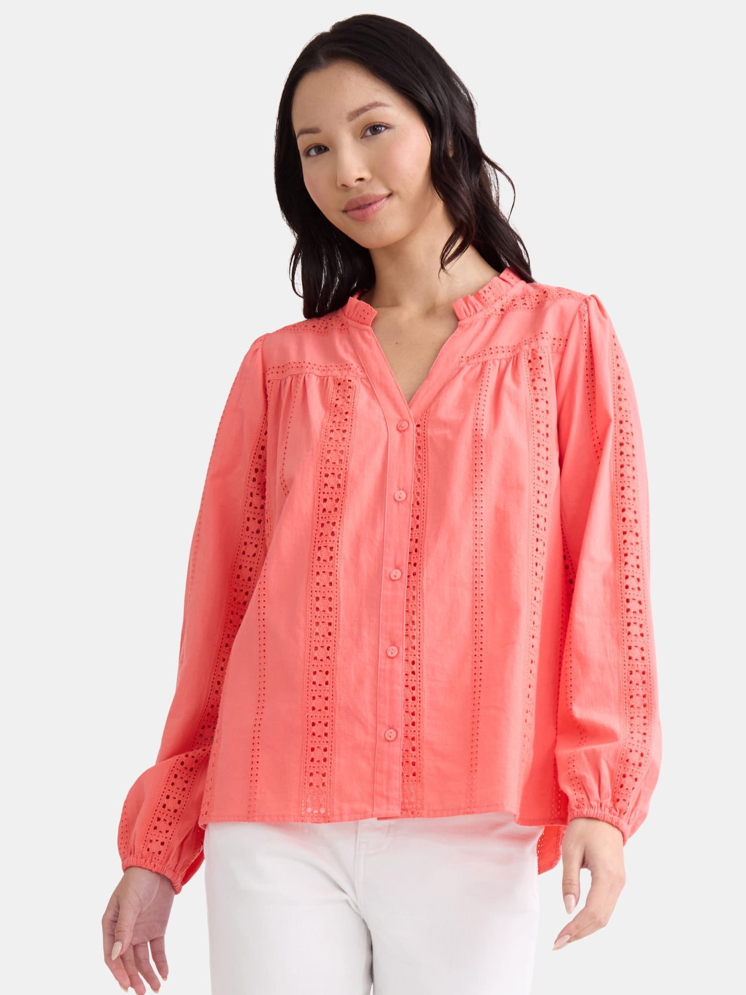 Time and Tru Women's Eyelet Embroidered Peasant Blouse Time and Tru Women's Eyelet Embroidered Peasant Blouse