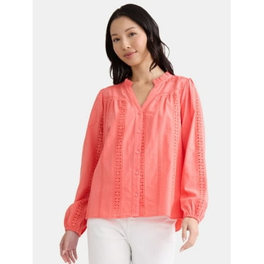 Time and Tru Women's Eyelet Embroidered Peasant Blouse, Sizes XS-XXXL