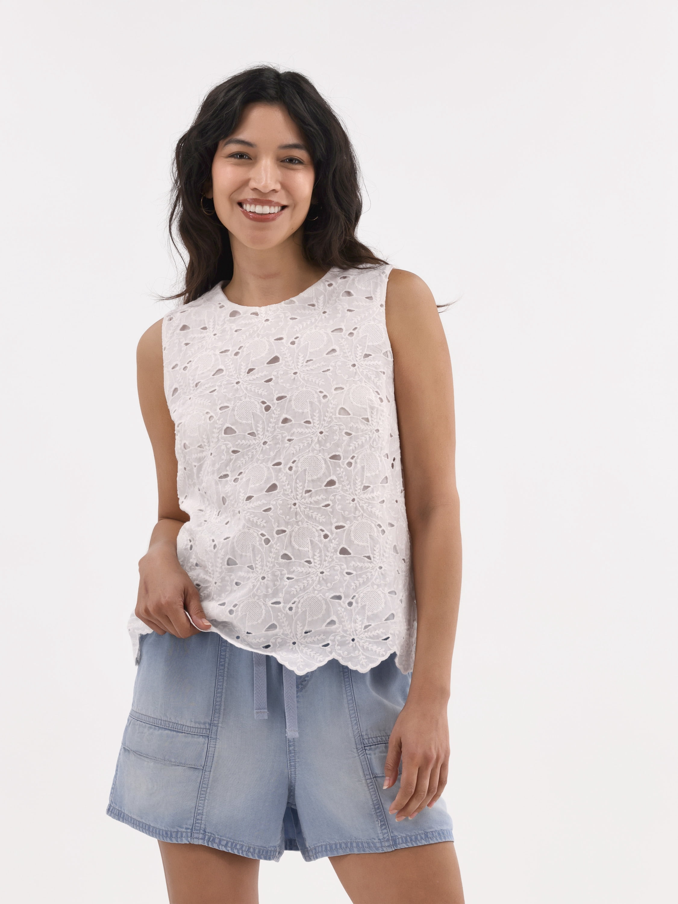 Time and Tru Women's Eyelet Embroidery Top, Sizes XS-XXXL