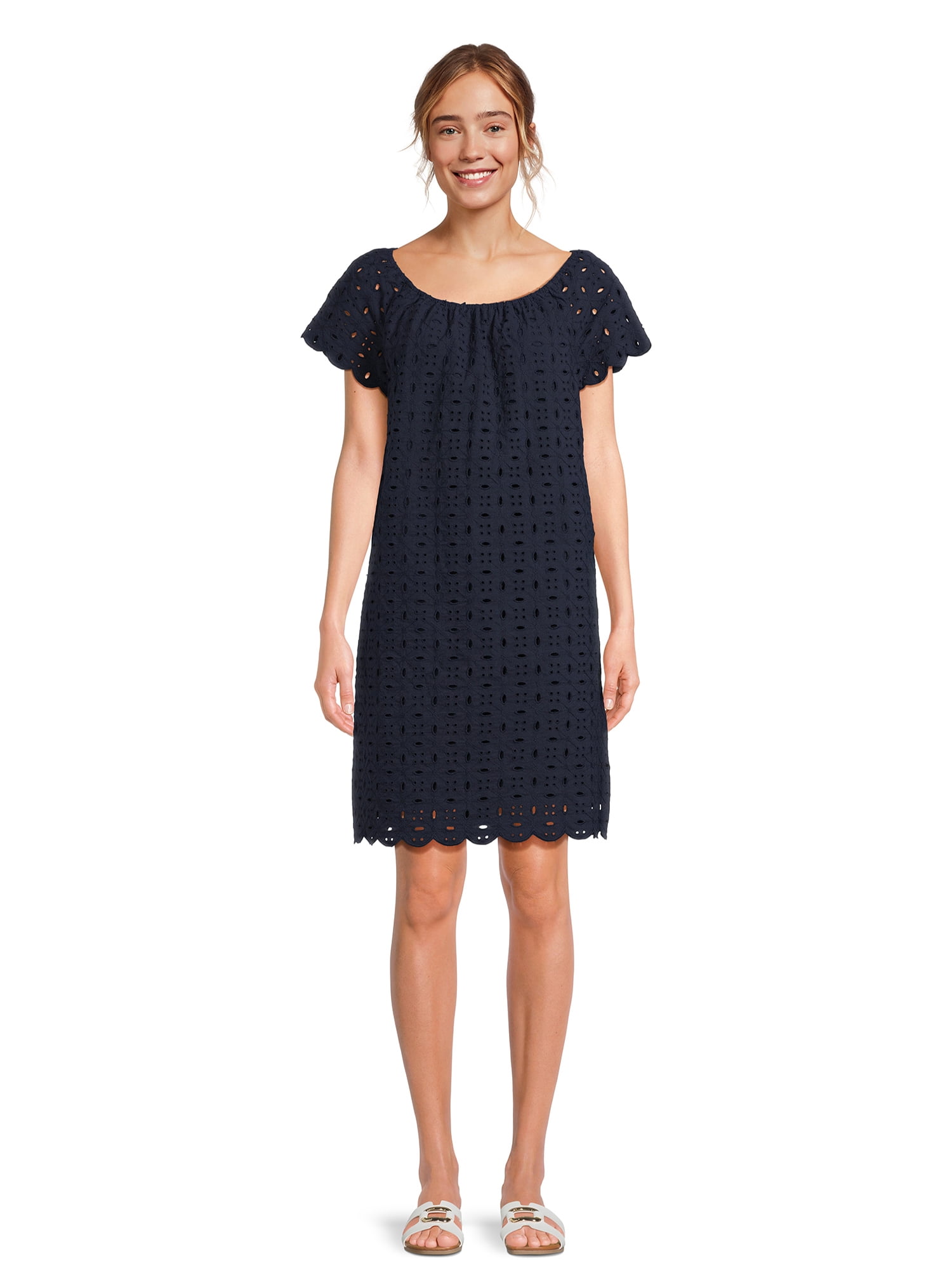 Time and Tru Women’s Eyelet Mini Dress with Short Sleeves, Sizes XSXXXL