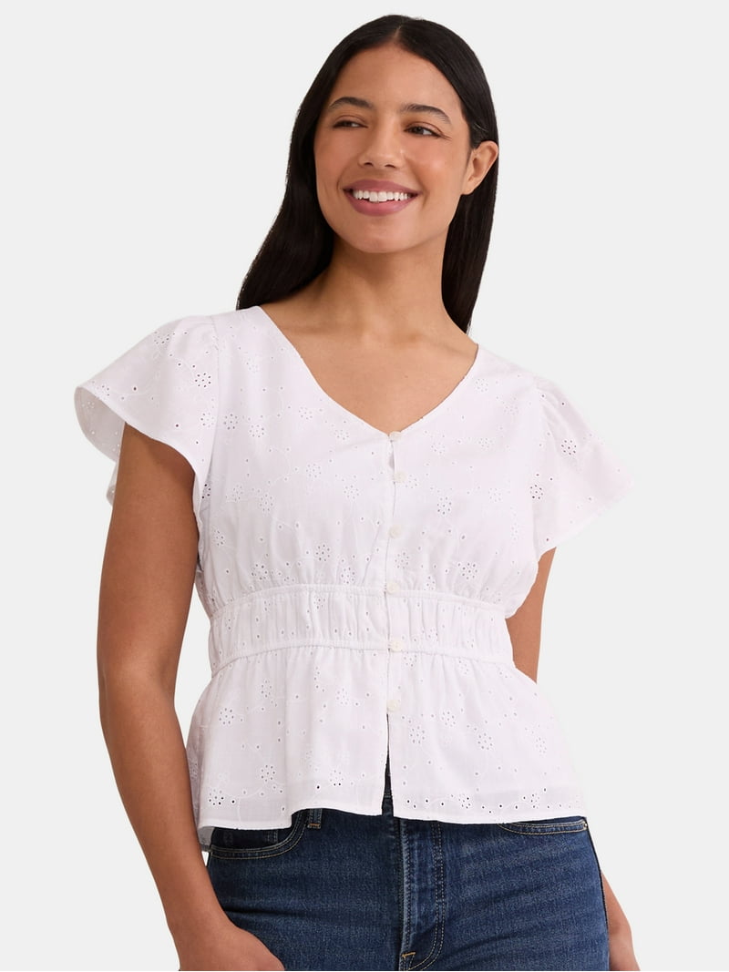 Time and Tru Women's Eyelet Peplum Top, Sizes XS-XXXL