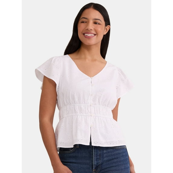 Time and Tru Women's Eyelet Peplum Top, Sizes XS-XXXL