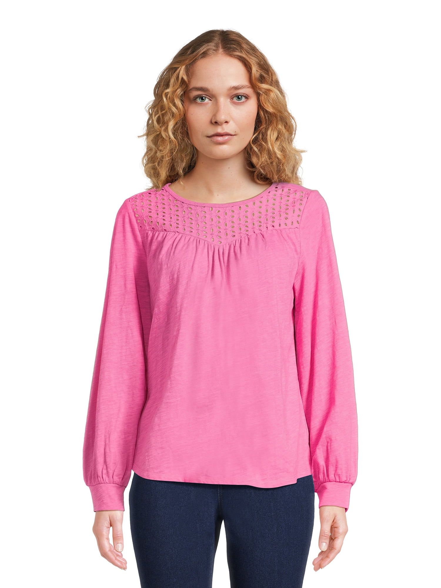 Time and Tru Women's Eyelet Top with Long Sleeves, Sizes XS-XXXL ...