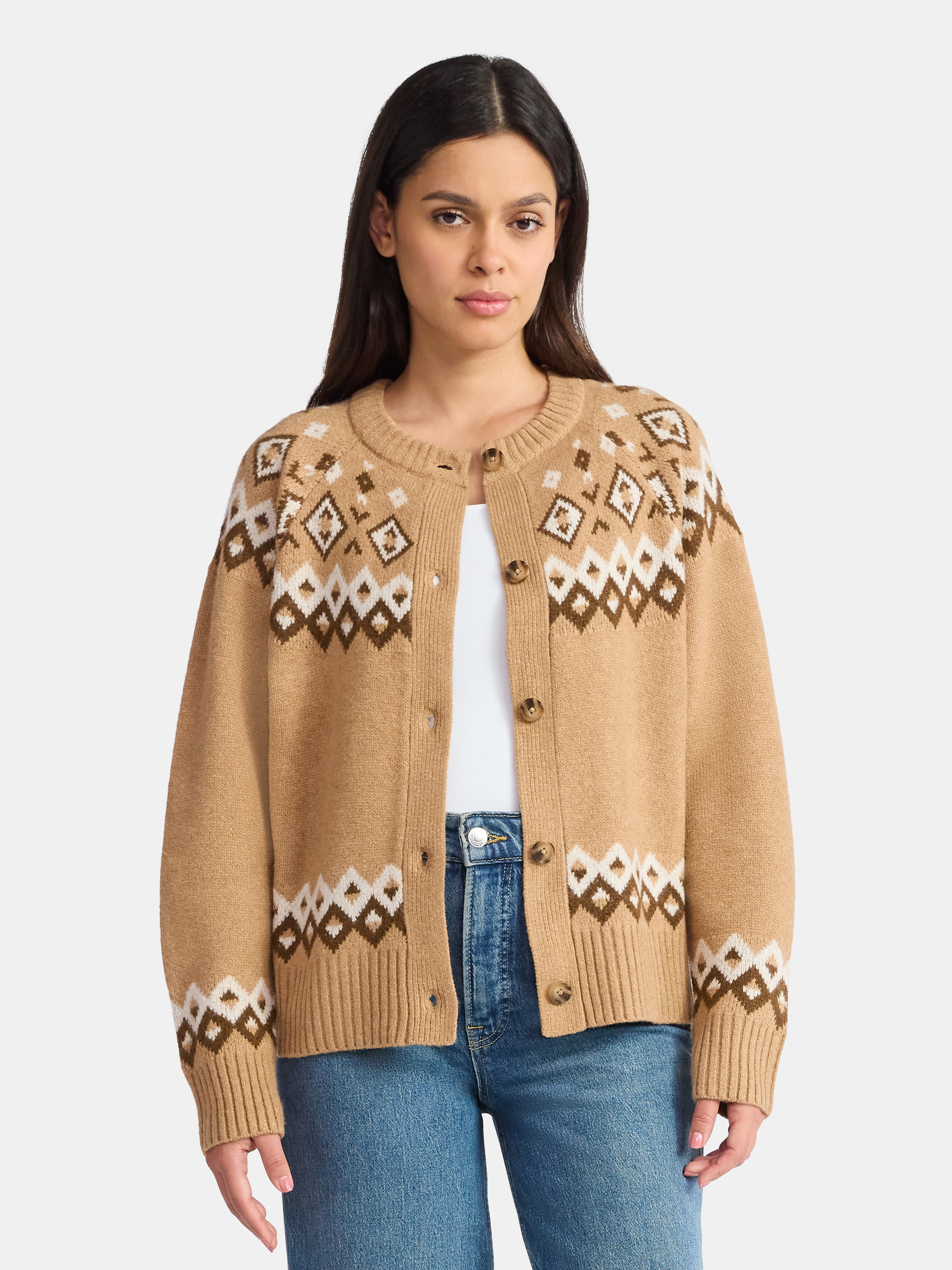 Time and Tru Women's Fair Isle Cardigan Sweater, Midweight, Size XS-XXXL