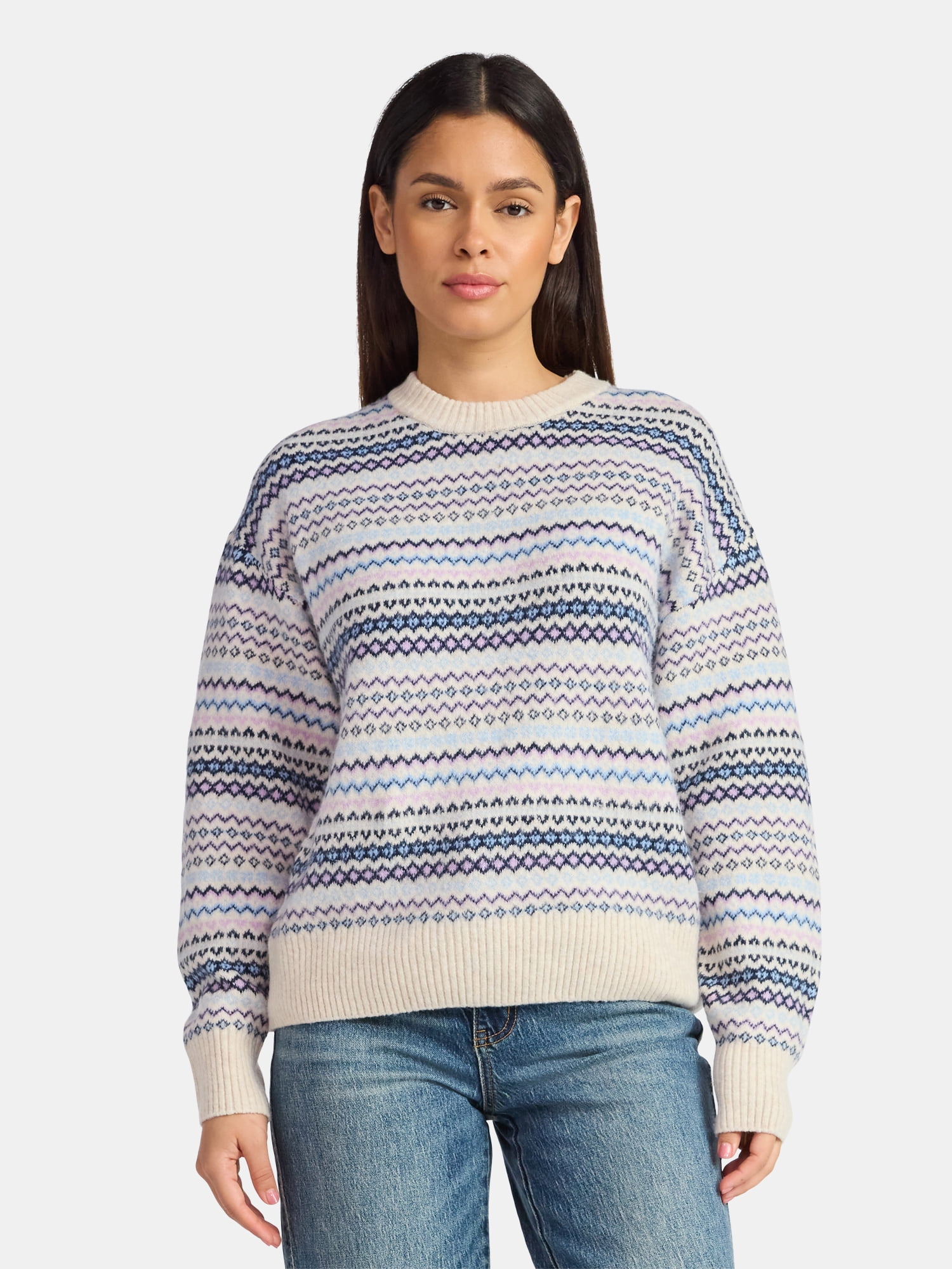 Time and Tru Women's Fair Isle Pullover Sweater, Midweight, Sizes XS-XXXL