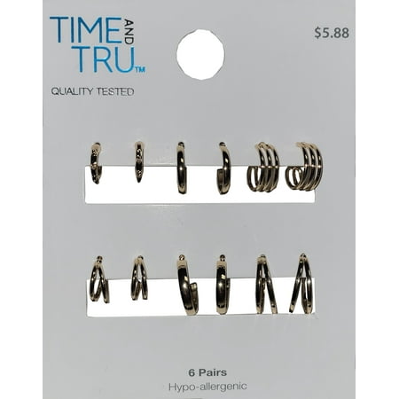 Time and Tru Women's Fashion Dainty 6 Pairs of Imitation Gold All Metal Hoops