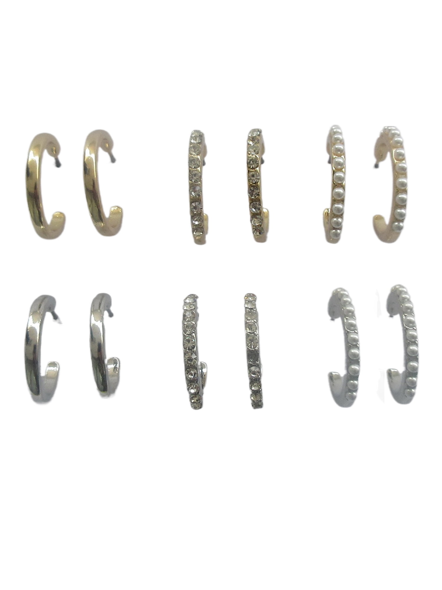 Time and Tru Women's Faux Crystal, Faux Pearl and Smooth Hoop Earring Set, 6-Piece