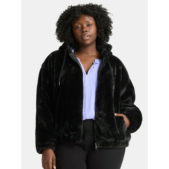 Time and Tru Women's and Women's Plus Faux Fur Hoodie Jacket, Sizes XS-2X