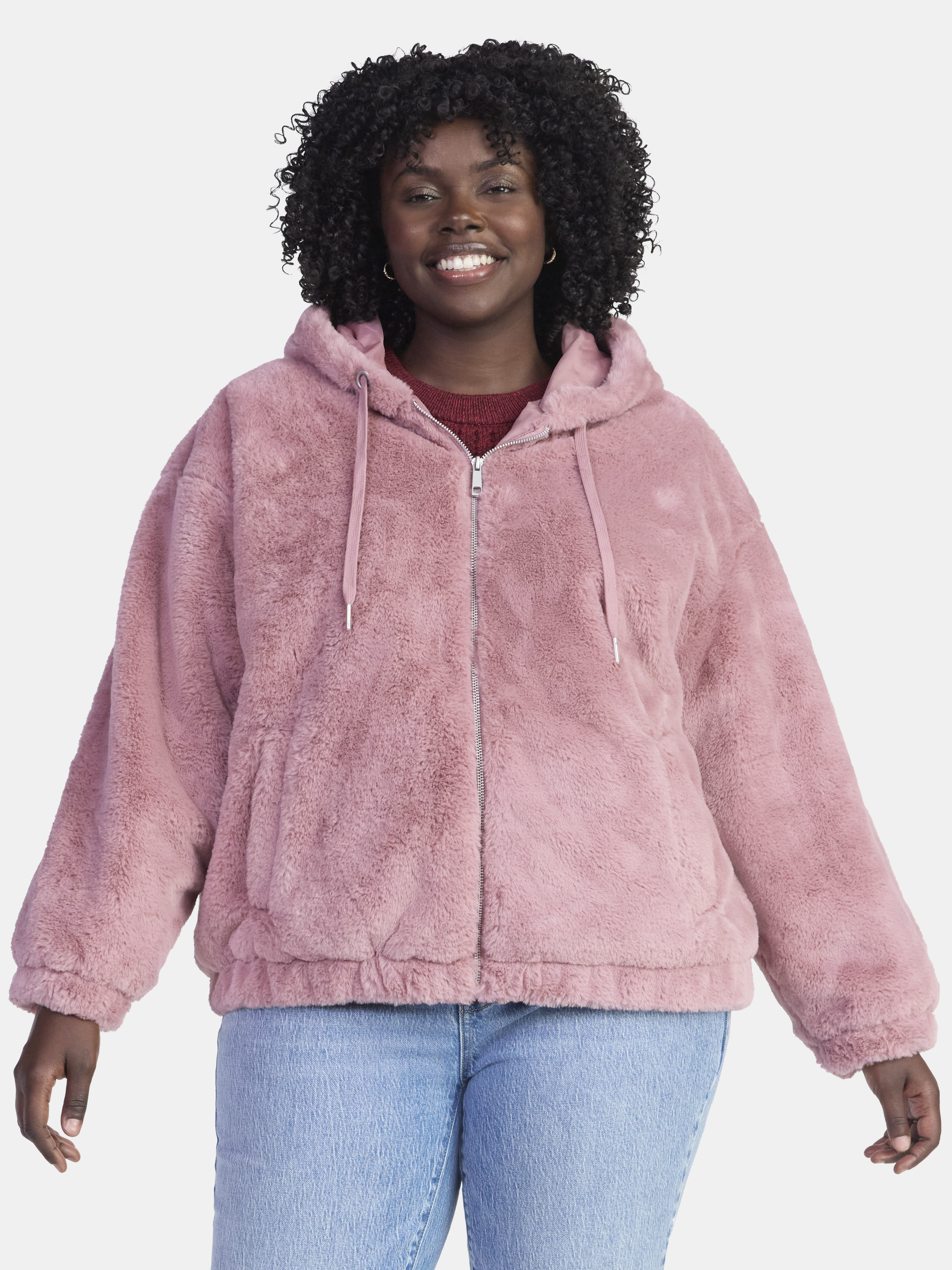 Time and Tru Women's and Women's Plus Faux Fur Hoodie Jacket