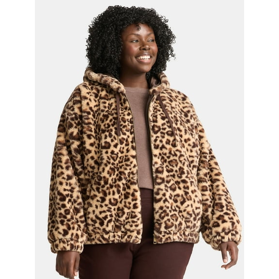 Time and Tru Women's and Women's Plus Faux Fur Hoodie Jacket, Sizes XS-2X