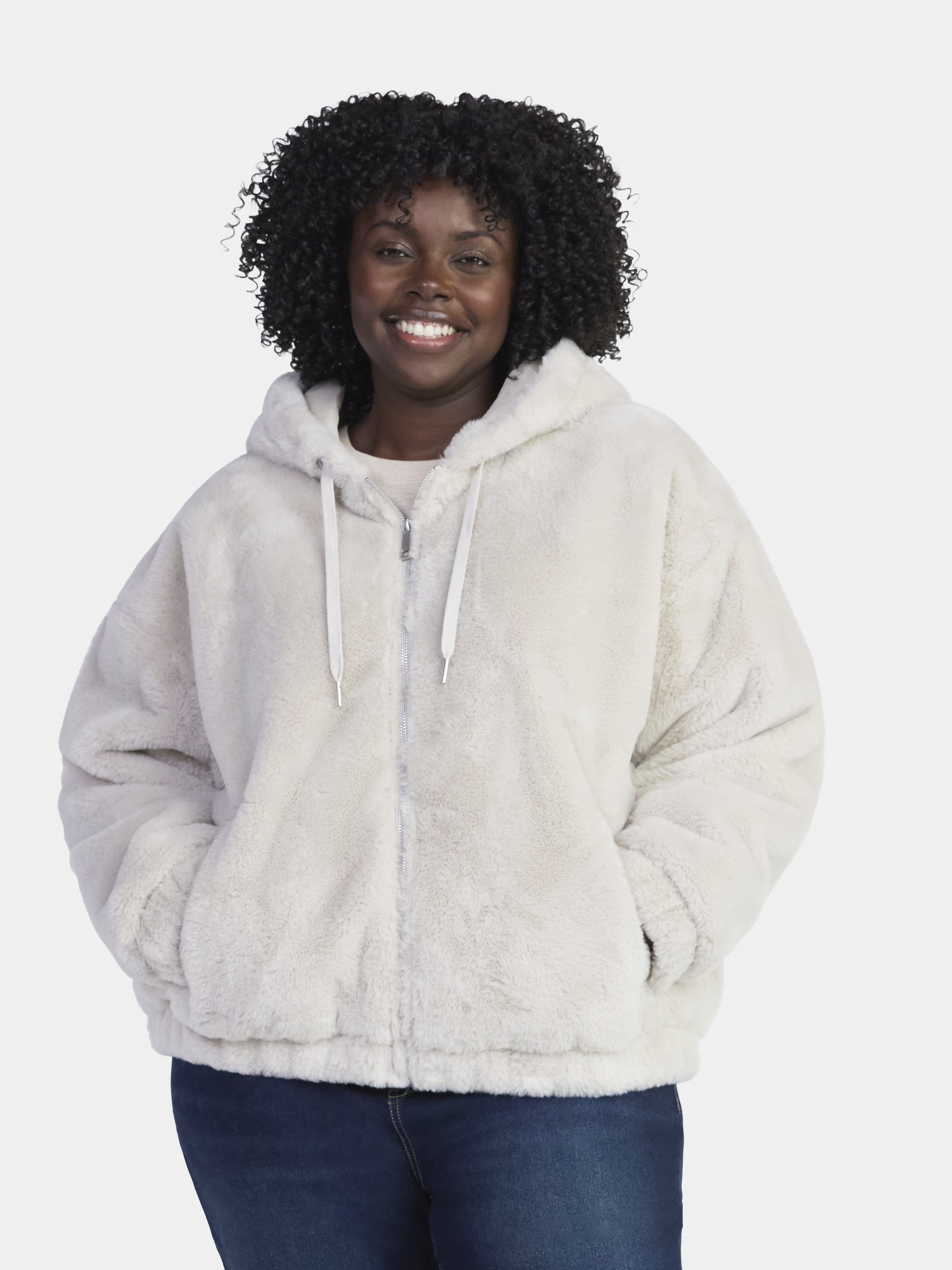 Time and Tru Women's and Women's Plus Faux Fur Hoodie Jacket, Sizes XS-2X