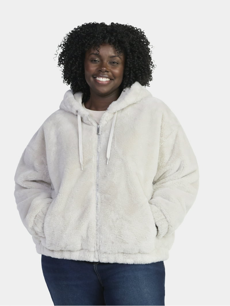 Time and Tru Women's and Women's Plus Faux Fur Hoodie Jacket