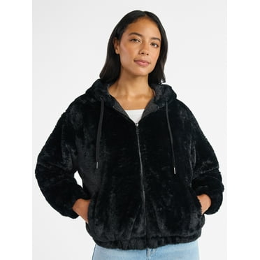 Time and Tru Women's and Women's Plus Faux Fur Hoodie Jacket, Heavyweight, Sizes XS-2X