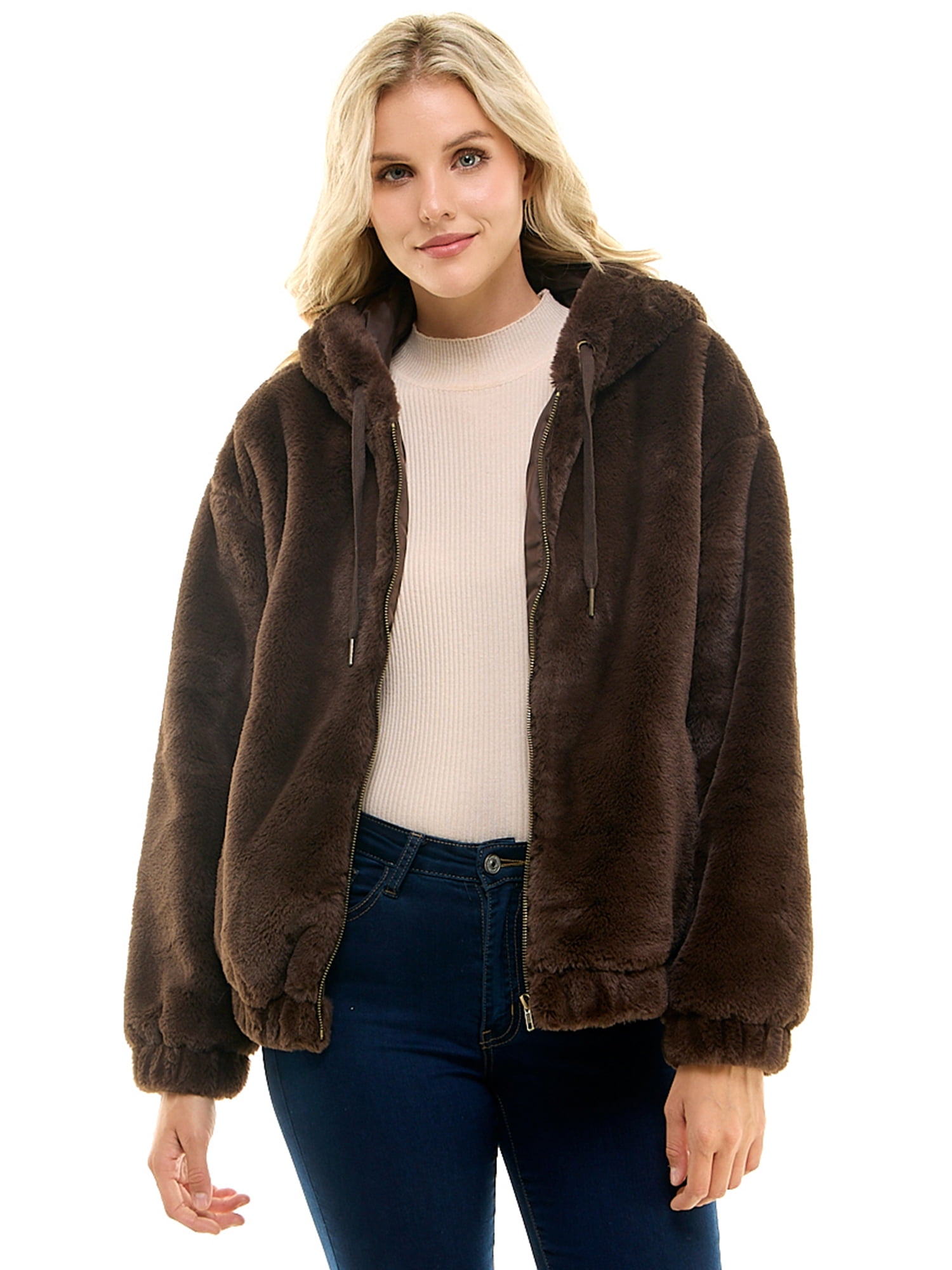 Time and Tru Women's Faux Fur Zip Up Hoodie, Sizes XS-3X - Walmart.com